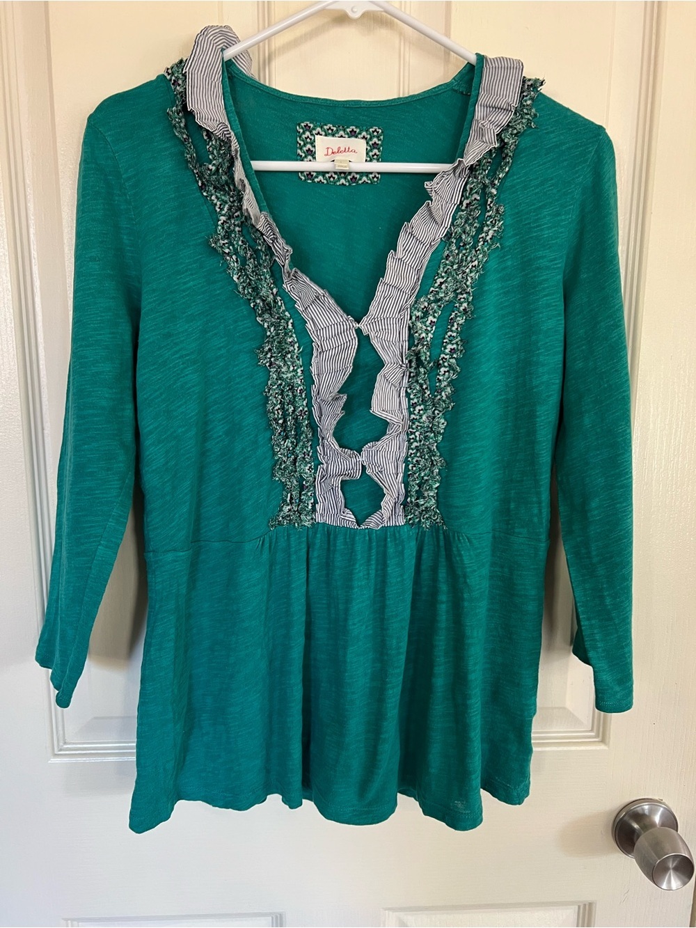 Deletta Anthropologie Teal Ruffle Trim Babydoll Top Quarter Sleeve Large